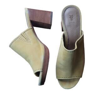 Frye Blake High Block Heel Mules Yellow Suede Slip On‎ Leather Footbed